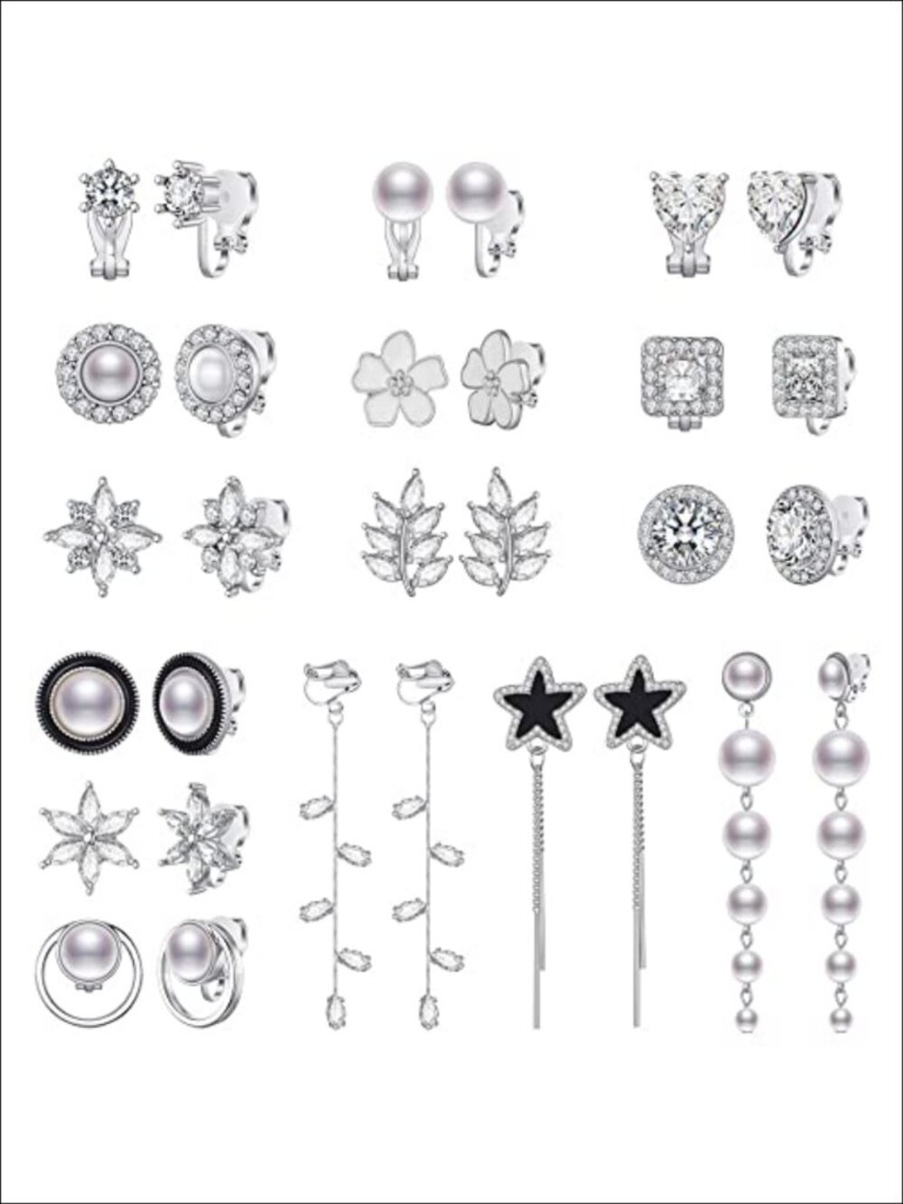 15 Pairs Clip On Earrings Set for Women Teens Non Pierced Crystal Faux Pearl